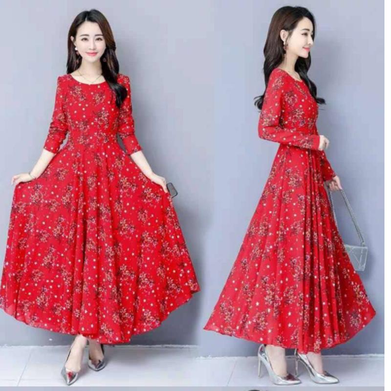 Jaro Nový Korejský Styl Rozšířený Styl Potisk Rozšířené Šaty Dlouhý Rukáv Nad Koleno Kulatý Výstřih Plážová Sukně