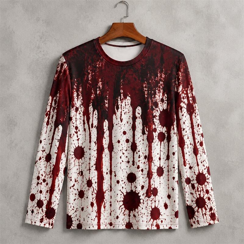 Druk 3D Horror Czerwone Plamy Krwi Wzór Halloweenowa Koszulka z Długim Rękawem Dla Mężczyzn Vintage Halloweenowa Impreza Osobowość OOTD Koszulka Top