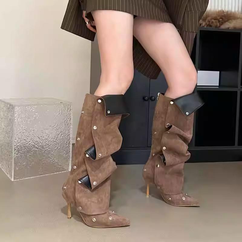 Fashion High Heel Long Boots for Women Botte Winter Boots Shoes Botas Mujer Thin Heeled Pointed Denim Metal Button Shoe Zapatos De Mujer