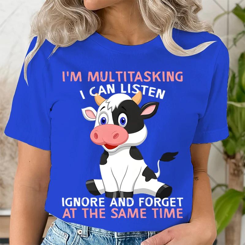 Litter Cute Cow Print Short Sleeved Tshirts IM MULTITASKING Graphic Tshirts Women Crew Neck Womens Tshirt Summer Casual Tops