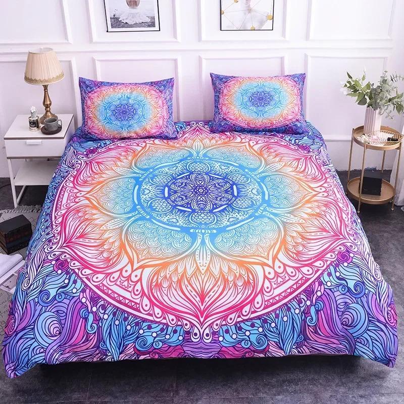 Mandala Duvet Cover Set King Size Lotus Flower Blue Purple Pink Bedding Set Bohemian Mandala Style Soft Polyester Quilt Cover