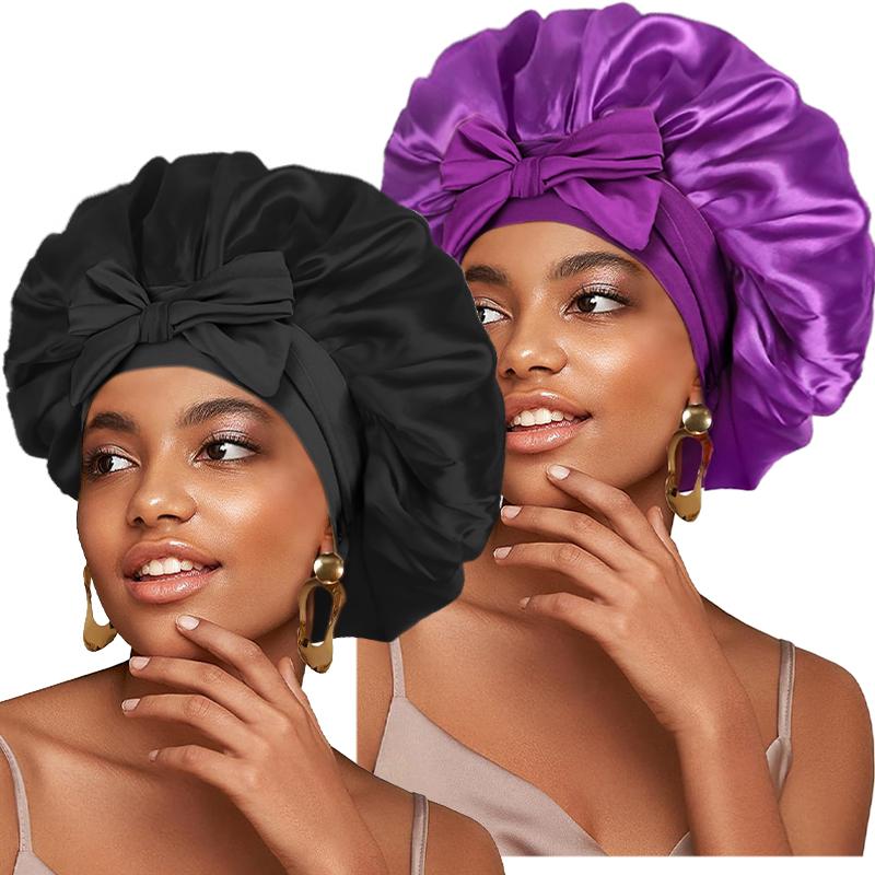 

2PCS/LOT New Women Solid Large Satin Bonnet Silky Night Sleeping Cap with Stretchy Tie Band Shower Cap One Size