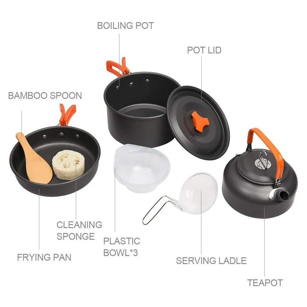 Camping Cookware Accessories Set Aluminum Portable Fish Camping Set Tea Pot Outdoor Tableware Cookset Kit Pan Bowl Kettle Hiking BBQ Picnic Equipment