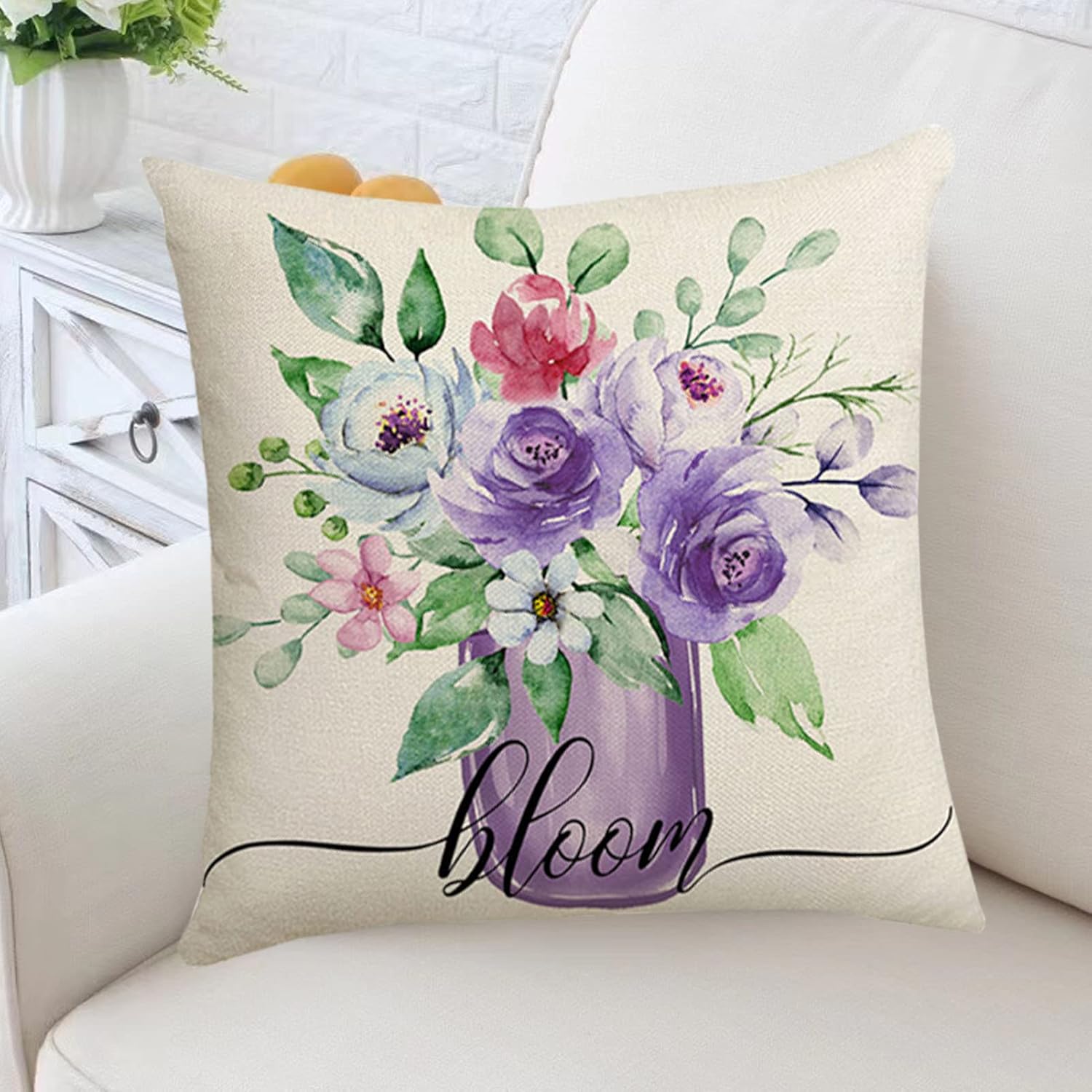 Throw Pillow Covers 18x18 Inch Purple Pillow Covers Flower Decorative Spring Farmhouse Pillow Case for Home Set of 4 6200₽