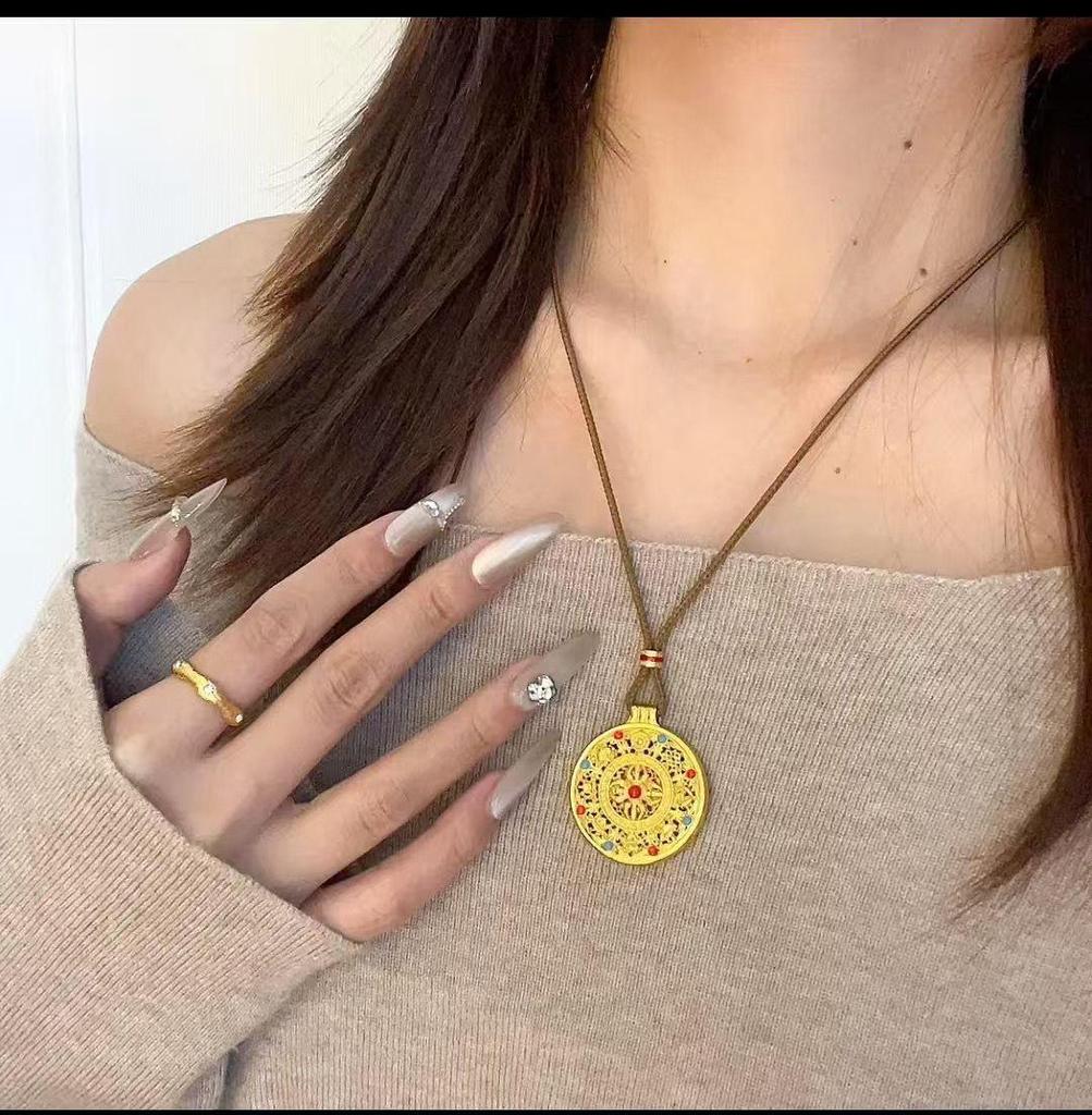 Gold-Plated Enamel Vajra Treasures Compass Amulet Necklace - Women's Good Luck Accessory