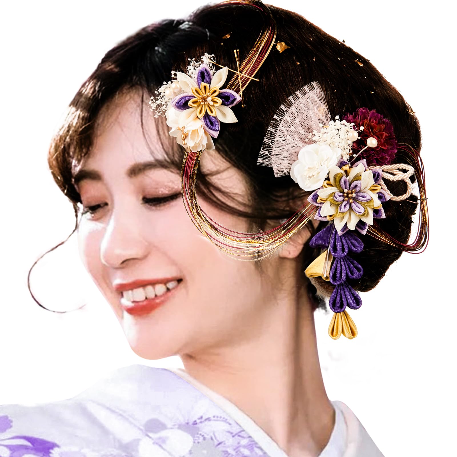 

OTAKUMARKET Hair Ornaments for Kimono with Mizuhiki and Flower Graduation and Hair Comb Set with Gold Leaf 2 Colors Coming-of-Age Ceremonies, Kimono, фиолетовый