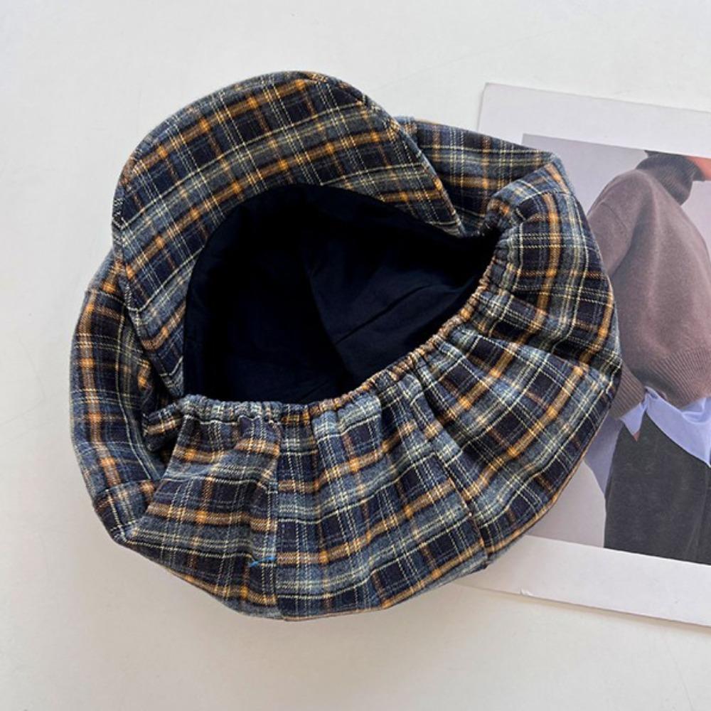 Polyester Plaid Cloud Cap Thin Women Octagonal Hat Vintage Grid Beret Cap  Summer