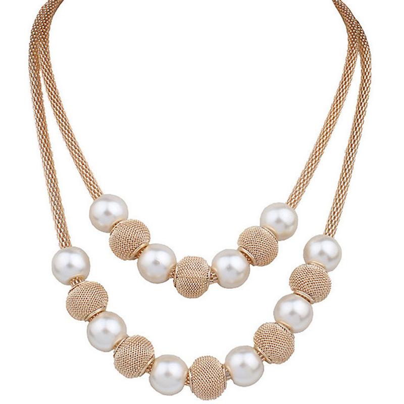 Women'S Double Layers Mesh Chain Round Faux Pearl Ball Charms Necklace