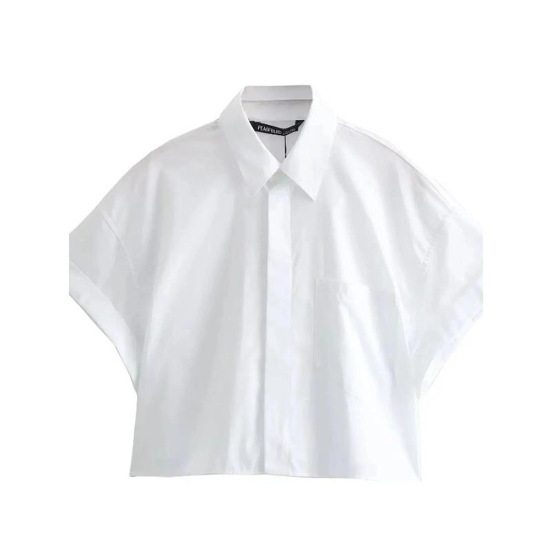 Dámská módní zkrácená popelínová košile Dámská ležérní klopa Krátký rukáv Kapsa Vpředu Knoflíky Všestranný dámský top