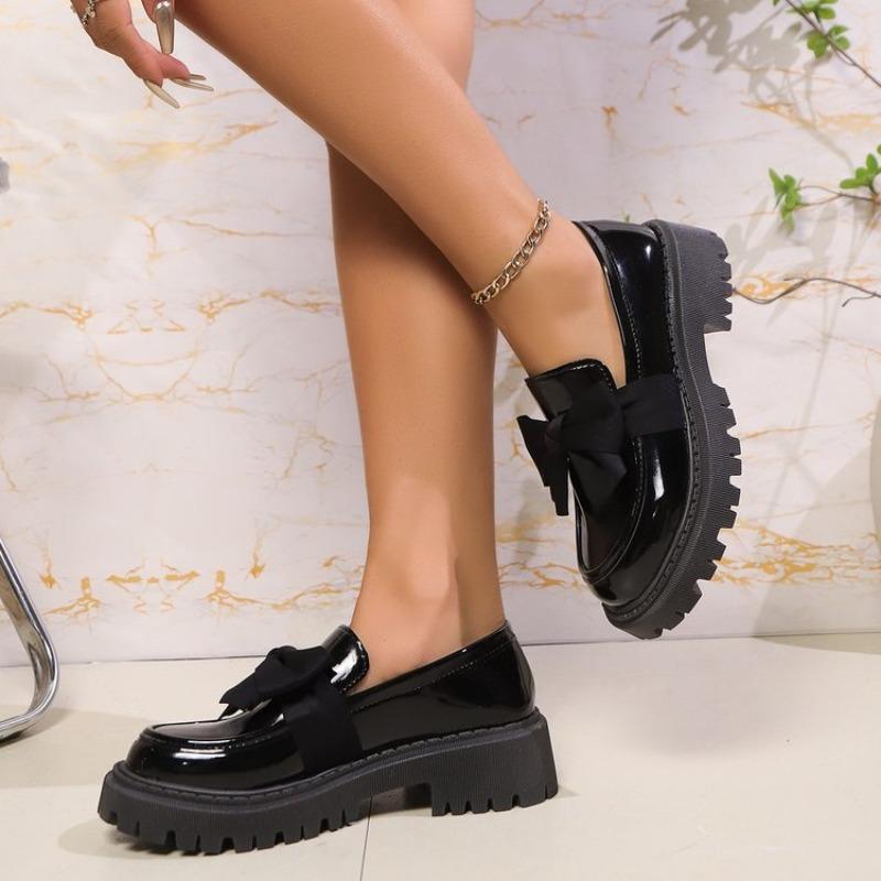 Women's Black Slip-On Loafers With Bow Detail, Thick-Soled Retro Casual Shoes.