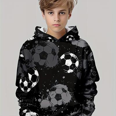 Modischer lässiger Fußball-Pullover für Jungen mit 3D-Druck, Herbst- und Winter-Langarm-Sportshirt, Jungen-Outdoor-Kapuzenpullover