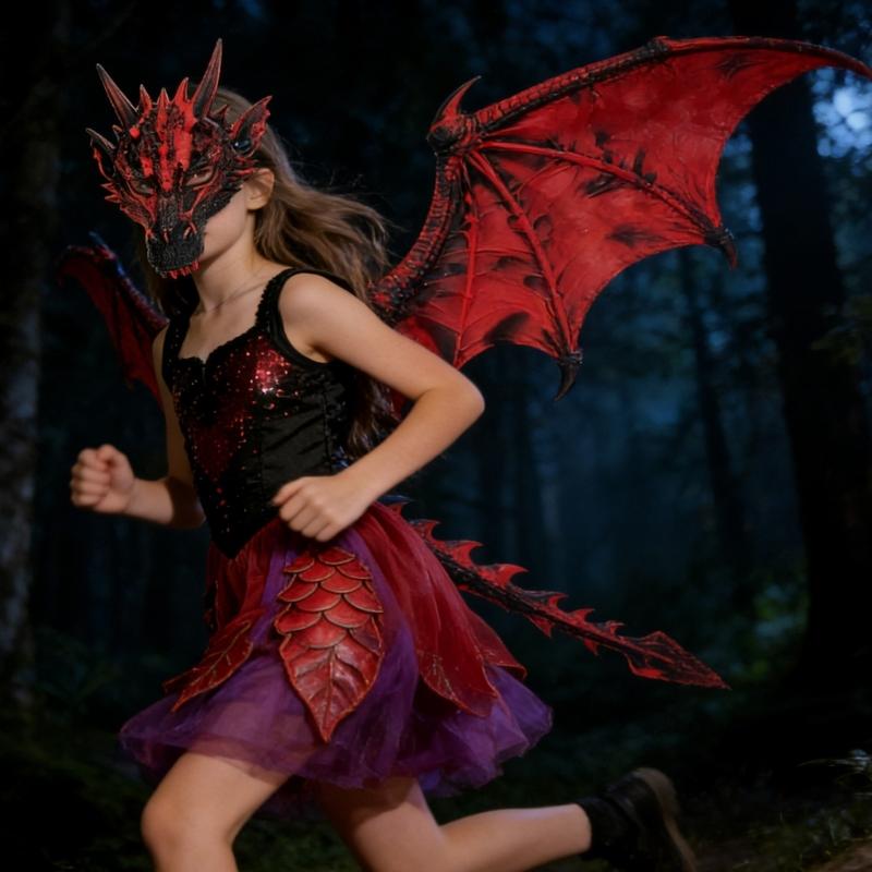 Drachenkostüm für Kinder Jungen Mädchen, Drachenflügel Schwanz Masken-Set, Halloween Dinosaurier Cosplay Kostüm Zubehör