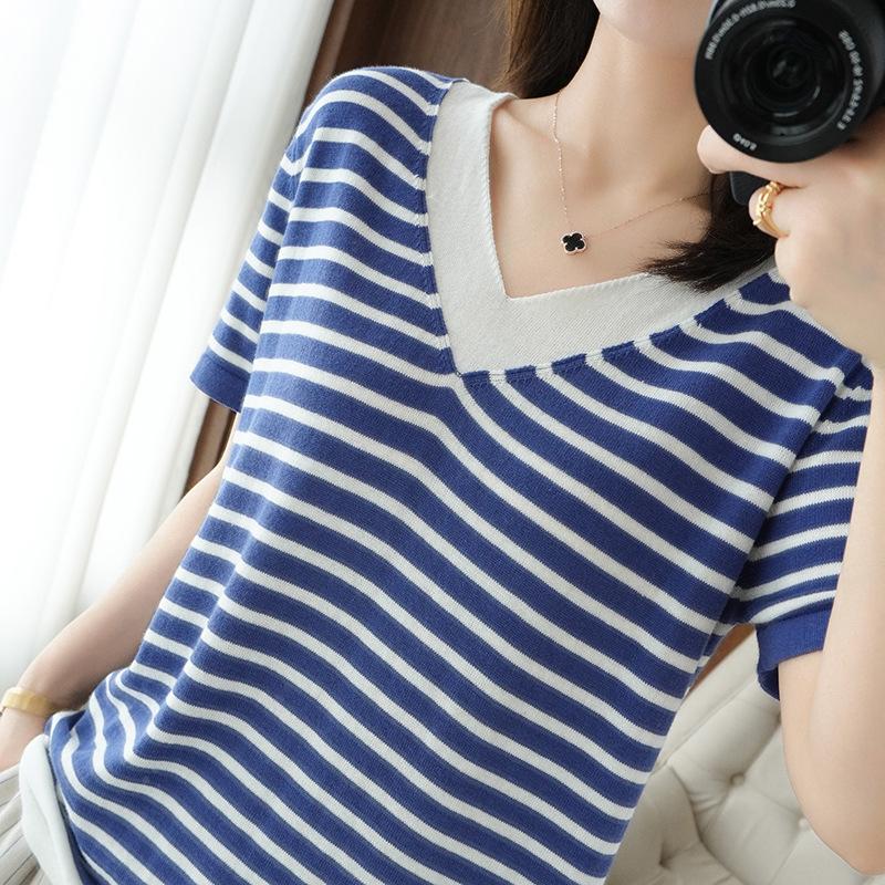 

Pure Cotton V-neck Striped Short-sleeved Women s Summer New Fashionable and Versatile Contrast Knitted T-shirt Comfortable Half-sleeved Top M