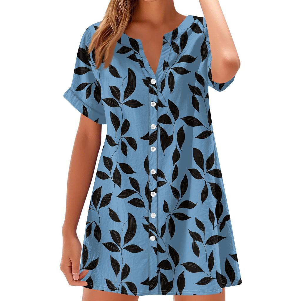 Women Fashion Casual V-neck Short Sleeve Button Retro Floral Print Dress