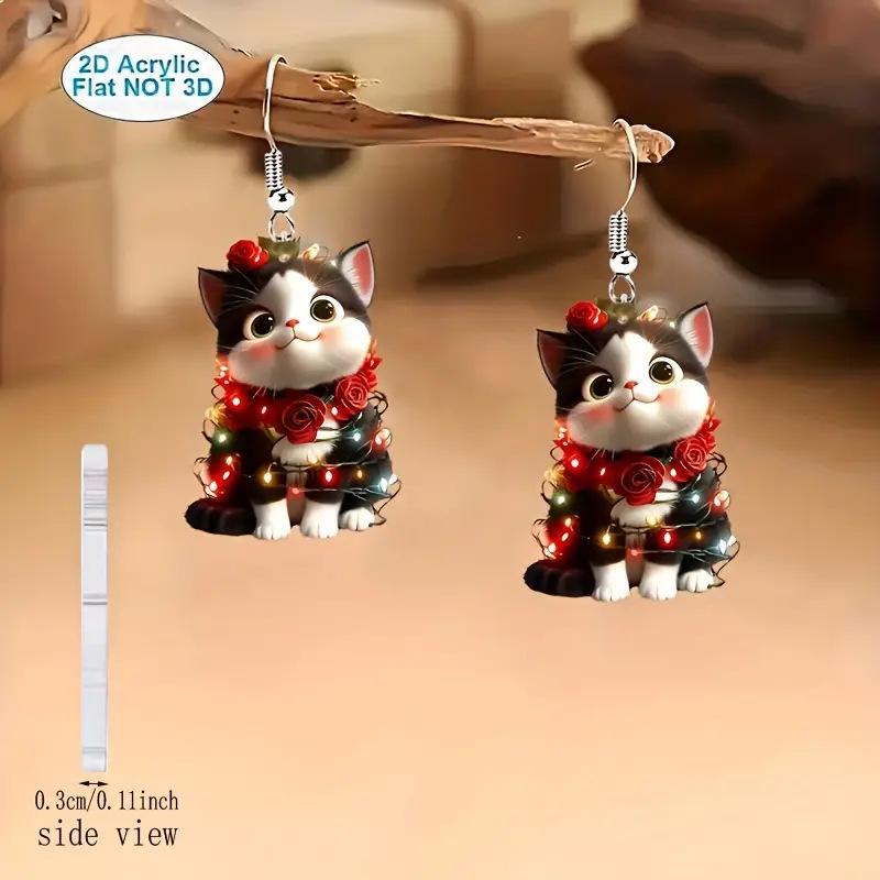 Cross-border new Christmas cat earrings flat acrylic with flower wreath luminous kitten earrings jewelry