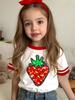 Girls T-Shirts Strawberry Sequin 3D Printed Summer Short Sleeve Tee Stripe Round Neck Loose Tops Streetwear Children's Clothing