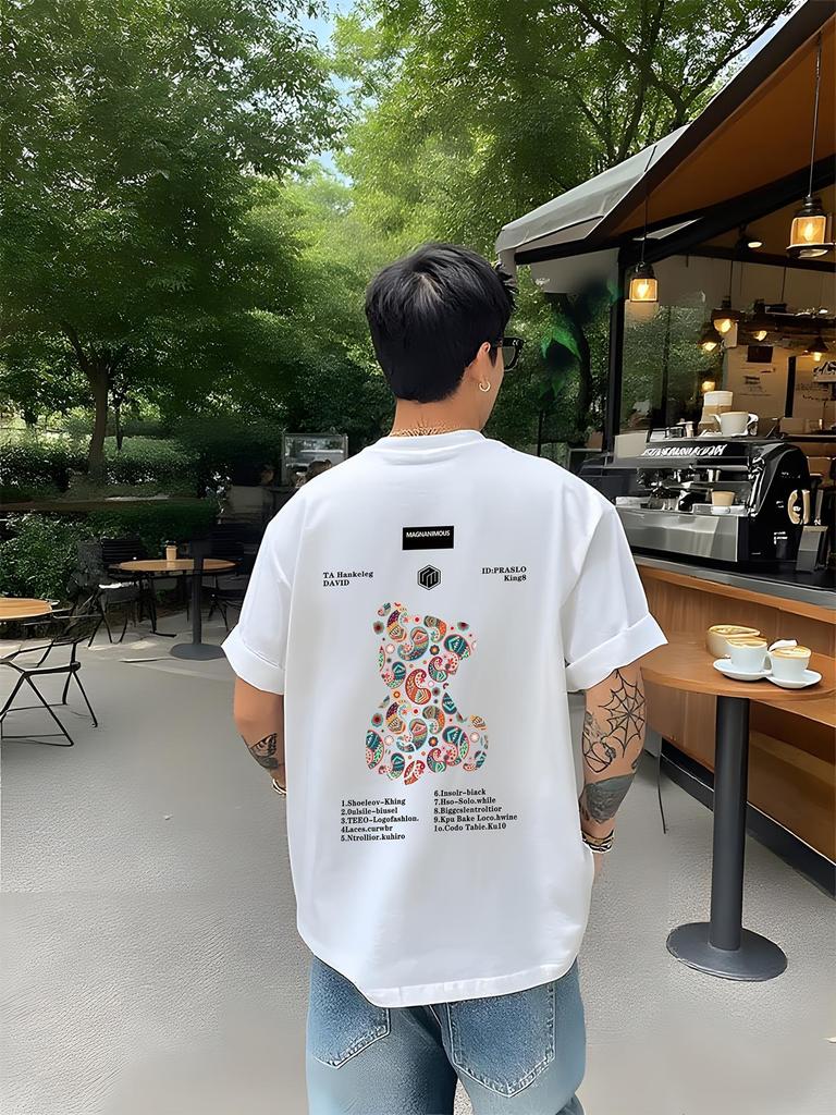 Unisex Thick And Durable Unisexs Loosefitting Tshirt With A Brightly Colored Cartoon Bear And Irregular Text Design