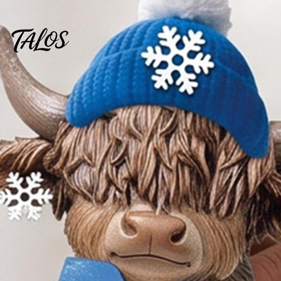 Artistic Holiday Gift 4Pcs Christmas Highland Cow Figurine, Winter Blue Yak Statues with Snowflakes Xmas Colorful Resin Crafts Hats, Farmhouse