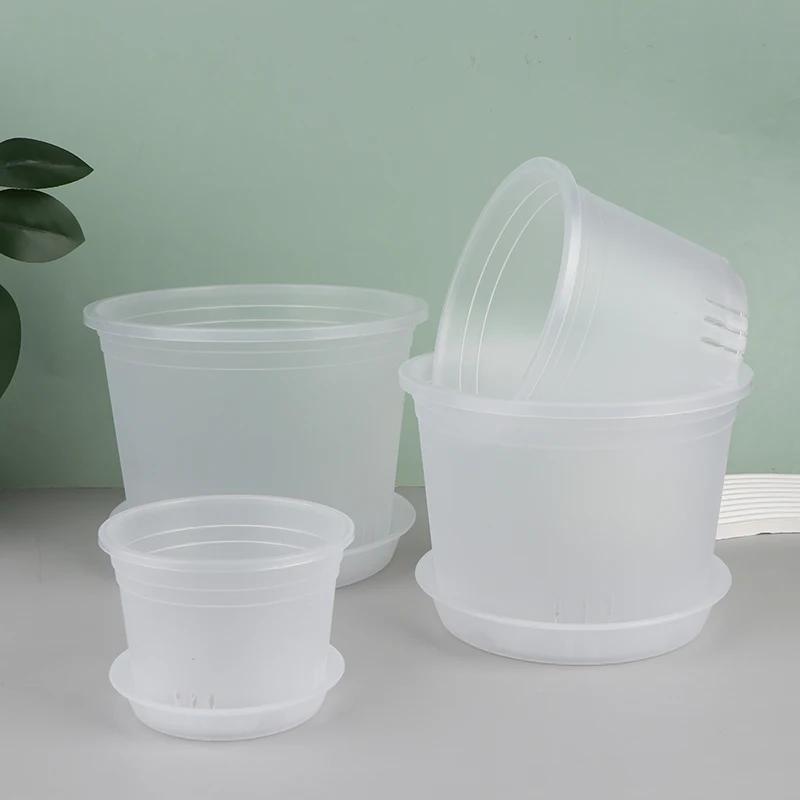 1Pc Transparent Round Orchid Pot With/Without Tray Root Control Plastic Orchid Pots With Holes Breathable Plant Growth Container