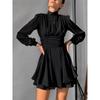 European and American Chiffon New High Neck Long Sleeve High Waist A-Line Dress Fashion Short Dress for Women
