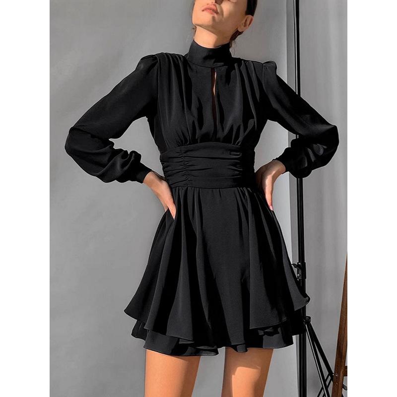 European and American Chiffon New High Neck Long Sleeve High Waist A-Line Dress Fashion Short Dress for Women