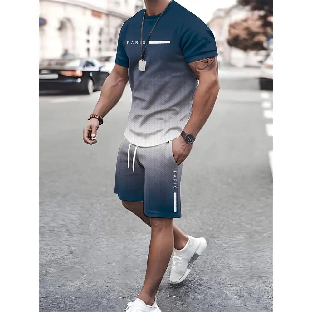Boutique Men's Summer Casual Sports Short Sleeve Suit Simple Splicing Printed Round Neck T Shirt Drawstring Pocket Shorts Suit