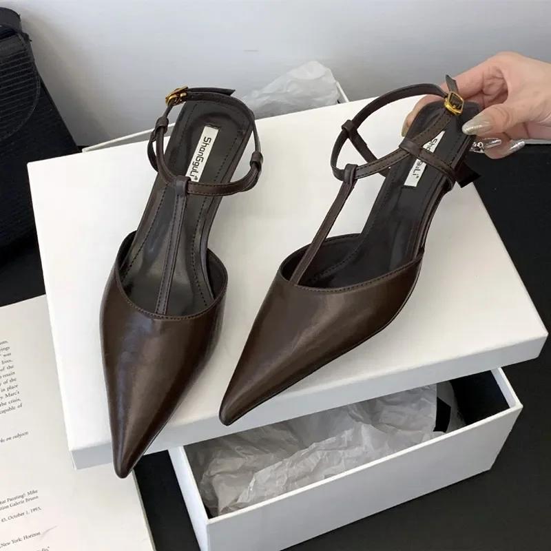 Fashion High Quality Low Small Heel Ankle Strap Women Pumps Sexy Pointed Toe Soft Leather High Heels Elegant Office Shoes Heeled Sandals