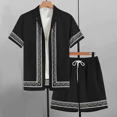 Men's Summer Holiday Hawaiian Suit Retro Textured Printed Border Shirt Short Sleeve Shorts Two Piece Men's Breathable Pool Suit