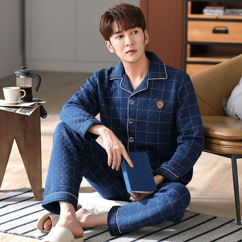 New Men Pajamas Autumn Winter Cotton Long-sleeved Loungewear Cotton Padded Plus Homewear Plus Plus Plus Size Sleepwear Suit
