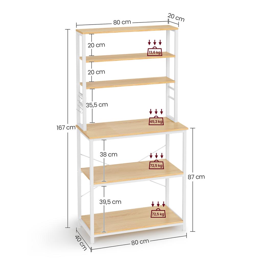 VASAGLE Kitchen Shelf Stand Rack Microwave Shelf Stand 6 Tier 6 Shelves and 6 Hooks Microwave Steel Frame Industrial Design 40 x 80 x 167 cm Oak White