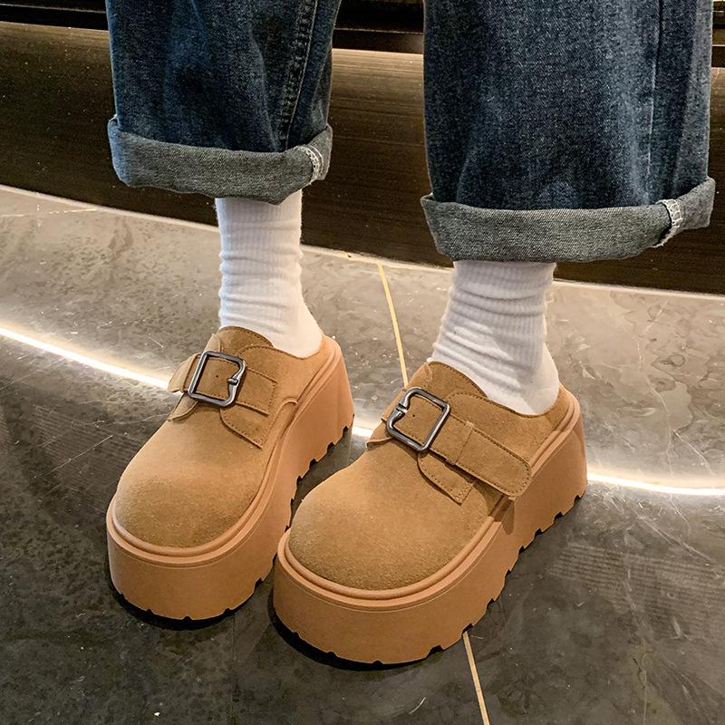 Fashion Winter Baotou Slippers Women's Fashion Round Head Deep Mouth Suede with Velvet Thick Sole Wedge Casual Shoes for Women