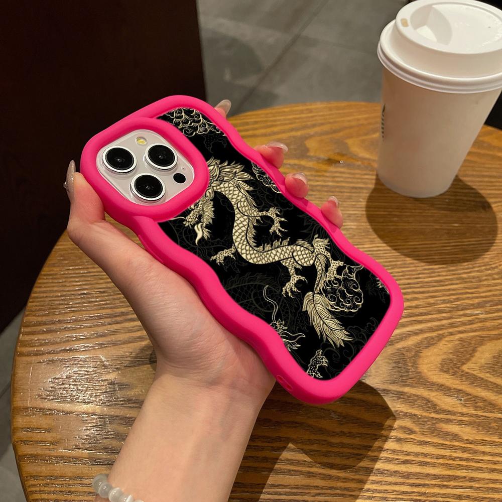 N81 Dragon design art Macaron Wavy Edge Phone Cases for iPhone 16 Pro Max Samsung S24 Plus S23 Ultra A35 A55 Xiaomi Redmi Note 13 Shockproof Cover