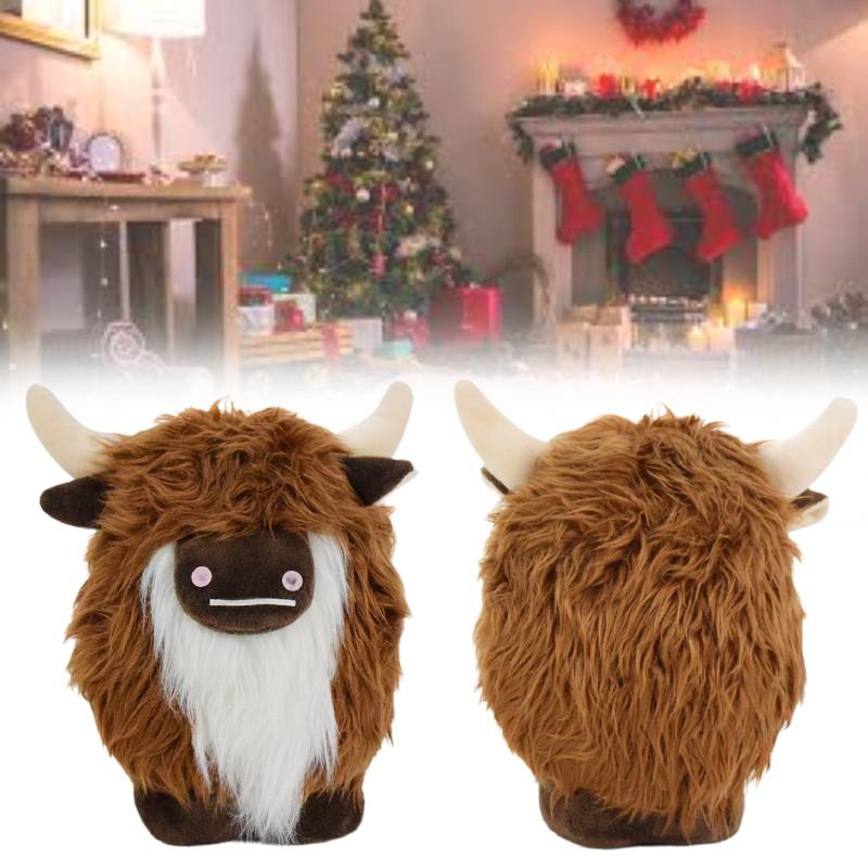 Adorable Plush Highland Cow Decorative Figure With Brown And White Facial Features