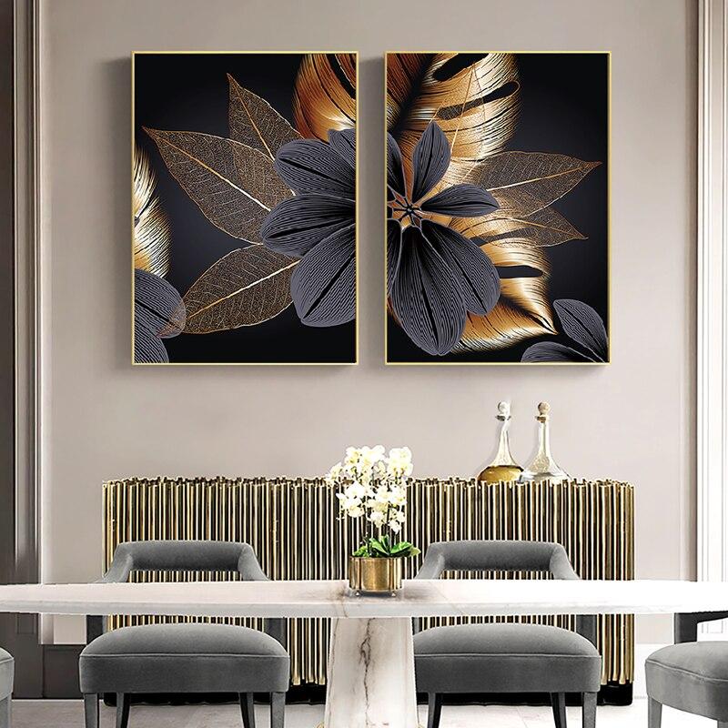 Buy Abstract Black Golden Plant Leaf Canvas Poster Print Modern Home ...