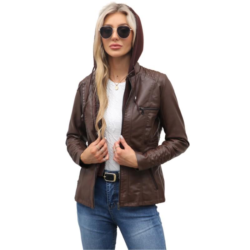 Women Autumn Hooded PU Leather Jacket Long Sleeve Zipper Motorcycle Jacket  Winter Outwear Coats
