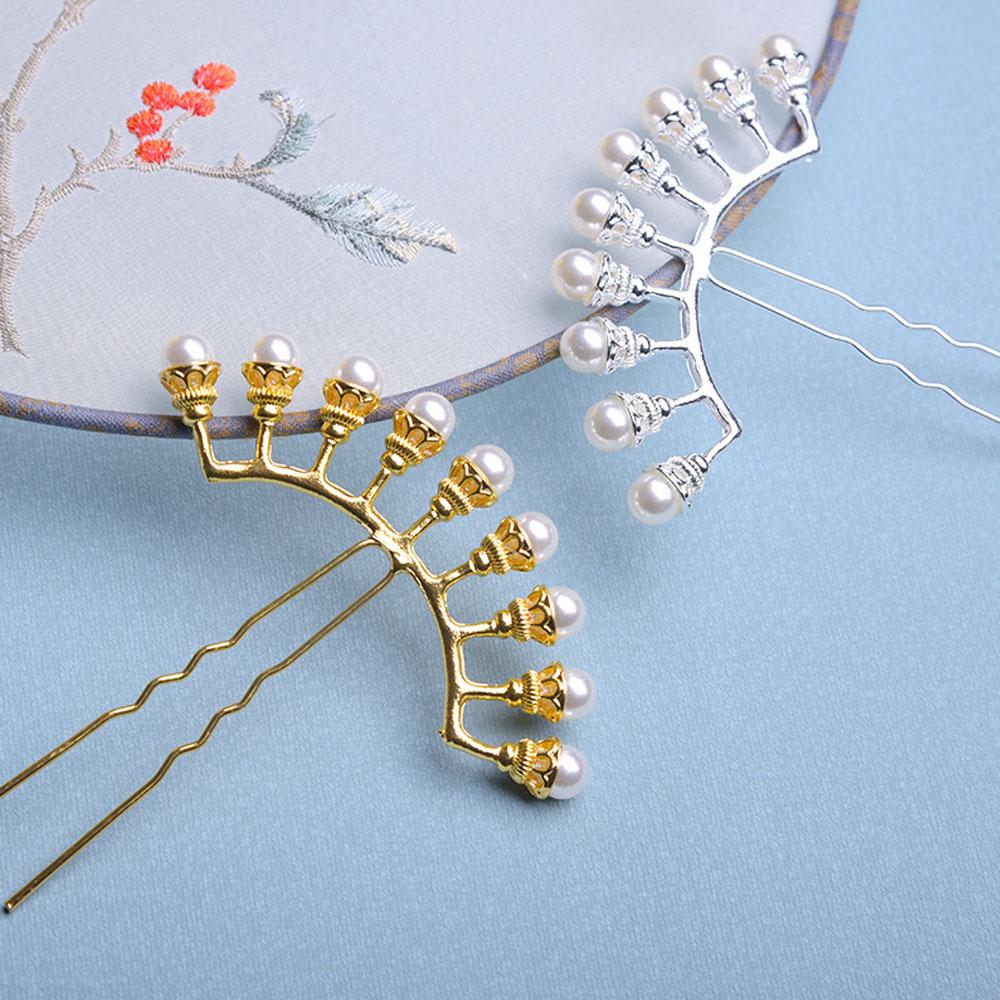 Crystal Petals Women U-shaped Zinc Zinc Alloy Hanfu Hair Sticks Pearl Row Hairpin Hair Forks Hair Accessories