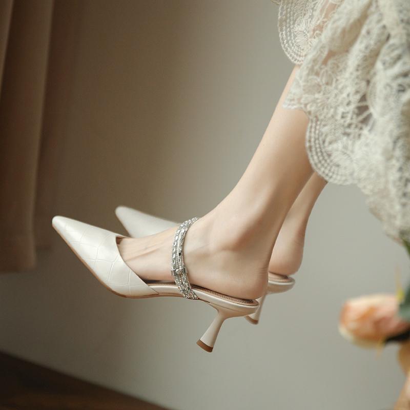 2025 summer new lady sandals women's summer bag head two wear thin heels pointed high heels rhinestone slippers outside