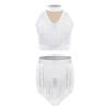Girls Latin Dance Costume Mock Neck Sleeveless Fringe Vest Sparkly Rhinestones Tassel Skirt Performance Outfit