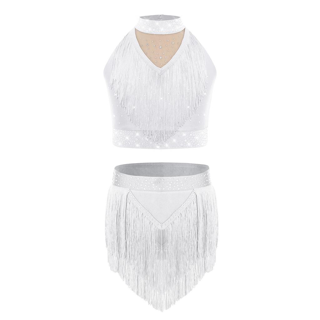 Girls Latin Dance Costume Mock Neck Sleeveless Fringe Vest Sparkly Rhinestones Tassel Skirt Performance Outfit