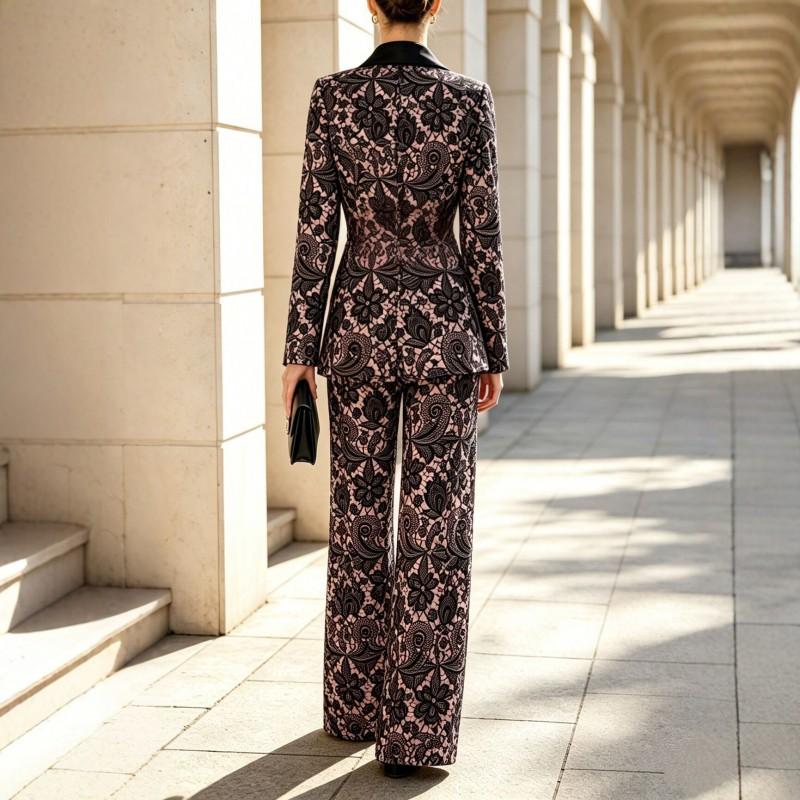 2026 Damen Elegantes Spitzenmuster Maßgeschneidertes Anzugset Lange Hose Büro Chic Outfit
