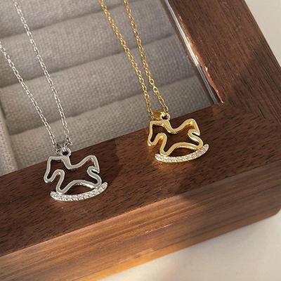 Fashion Cute Shiny Zircon Hollow Wooden Horse Pendant Necklace 1/2Pcs for Women Girls Collarbone Chain Jewelry Gift