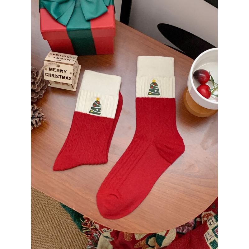 Female Autumn and Winter New Year Festival Sweet Cotton Dark Grain Cloth Mark Good Luck In Red Tube Socks