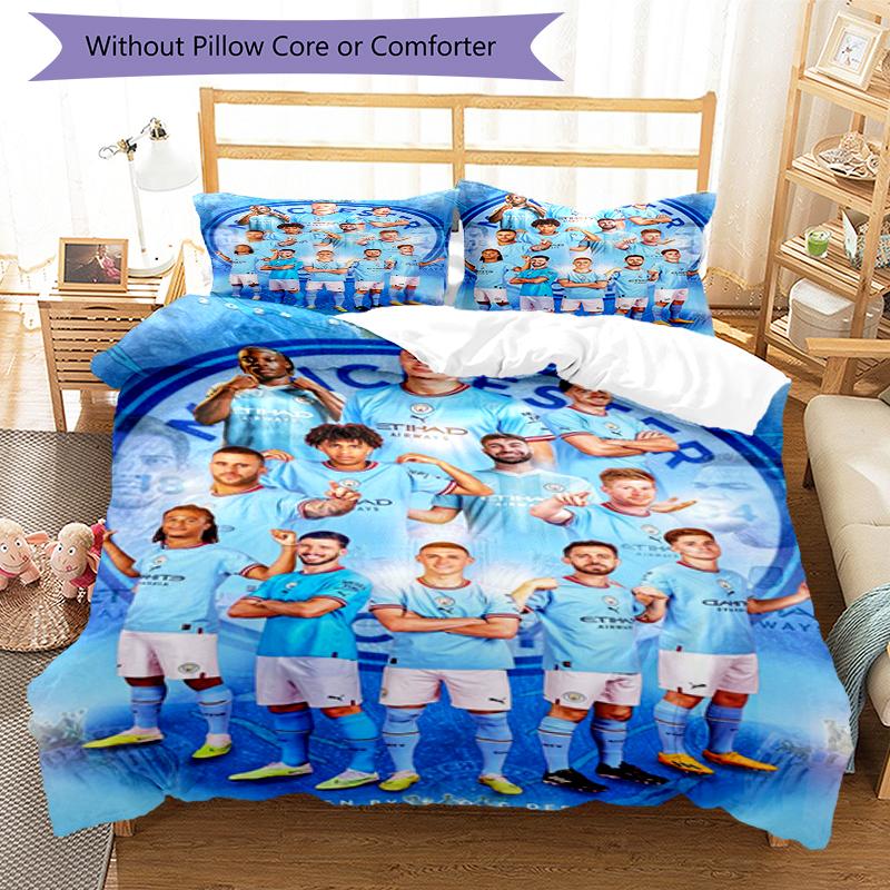 3pcs Manchester City Bedding Set Duvet Cover Closure Includes 1 Duvet Cover & 2 Pillowcases, Soft and Comfortable for All Seasons.