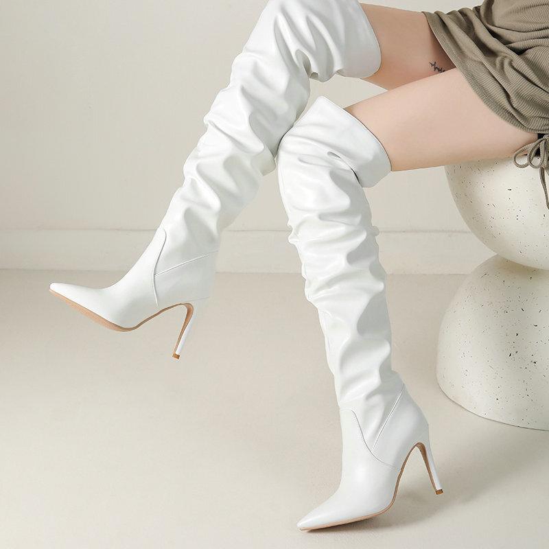 Pointed Pleated Tall Boots  Autumn and Winter Thin Heel Super High Heel Pile Boots Over Knee Boots Knight Boots