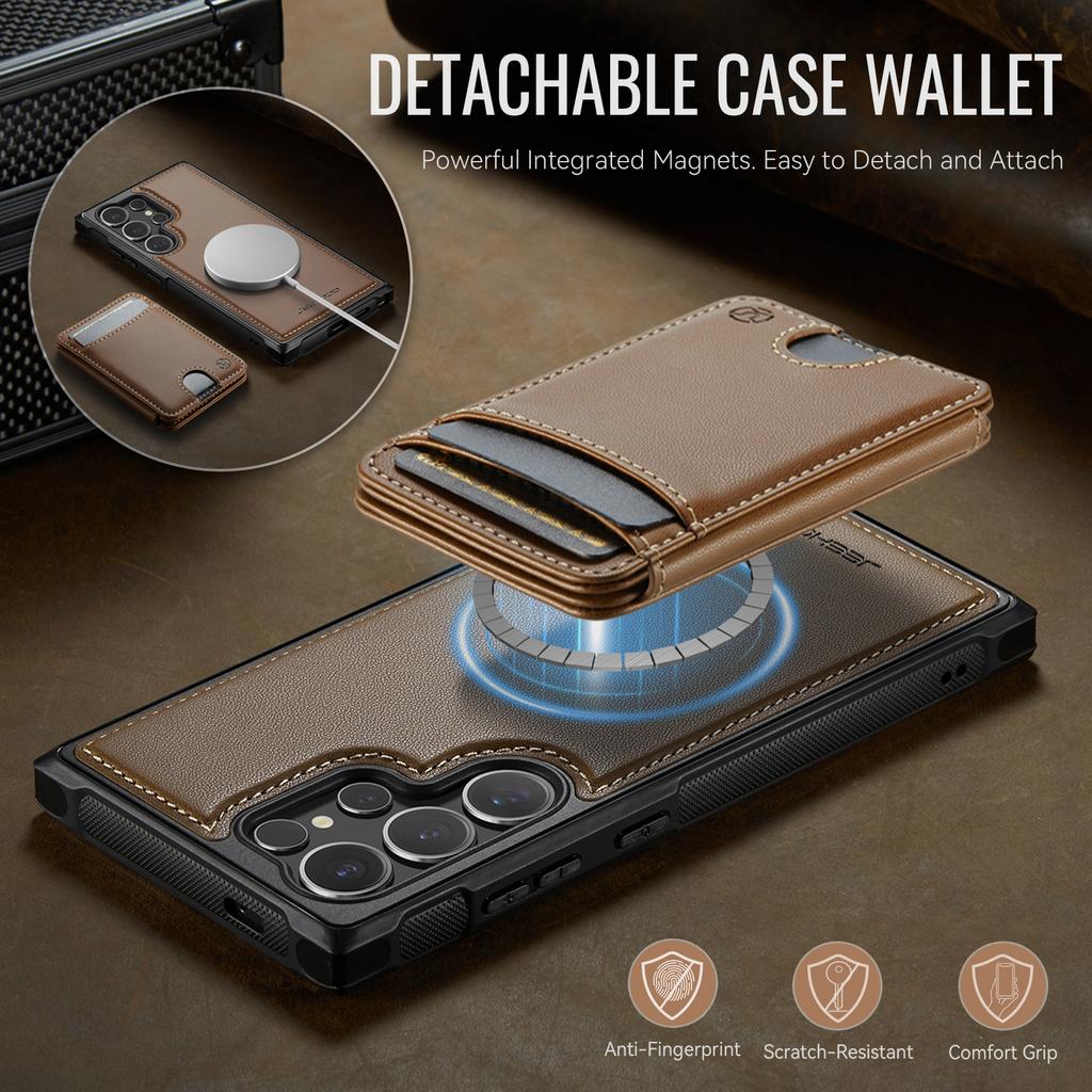 For Samsung Galaxy S26 Ultra Magnetic Case JEEHOOD J10 Leather Back Phone Cover with Detachable Card Holder Kickstand