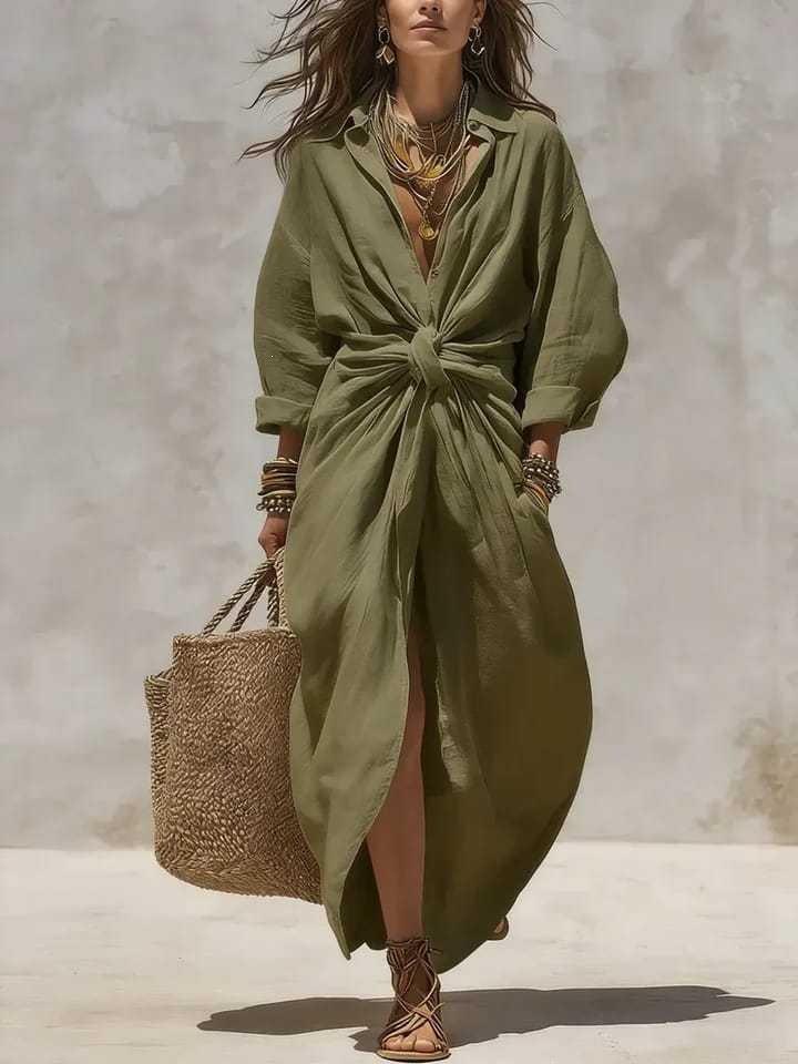 2026 Women's Solid Color Shirt Collar Long Sleeve Pocket Cardigan Dress