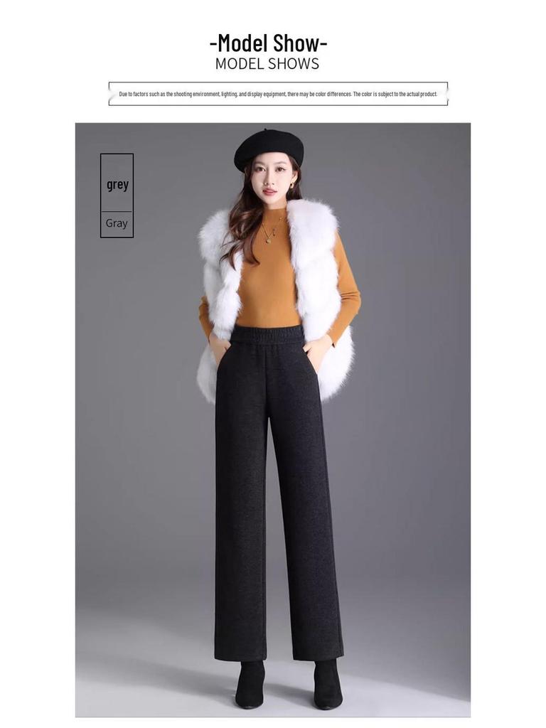 Pantalones de Lana de Cintura Alta con Terciopelo para Mujer Talla Grande - Gruesos, Adelgazantes, Corte Holgado para Otoño e Invierno