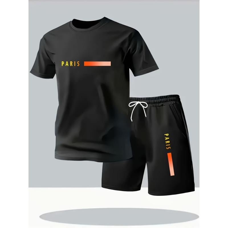 Herren Sommer T-Shirt und Shorts Set Lässige Entspannte Passform Sportliches Rundhals Kurzarm T-Shirt Paris Buchstaben Druck Zweiteiliges Set
