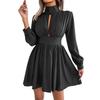 Spring and Summer Sexy Hollow Out A-line Party Short Dress Slim Waist Casual Turtleneck Long Sleeve Evening Dress Streetwear Solid Color Clothing