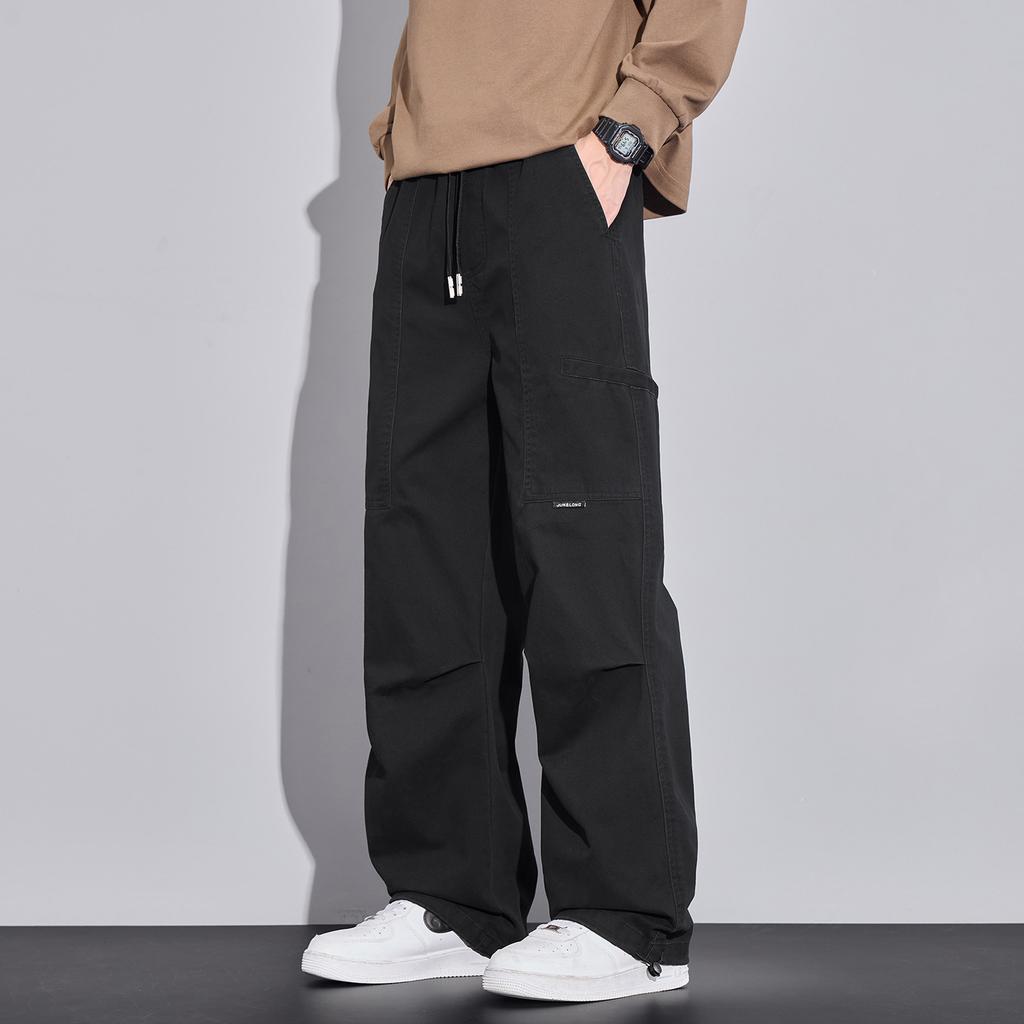 American retro trendy brand splicing tooling casual pants men's trend loose wide-leg straight elastic waist long pants men